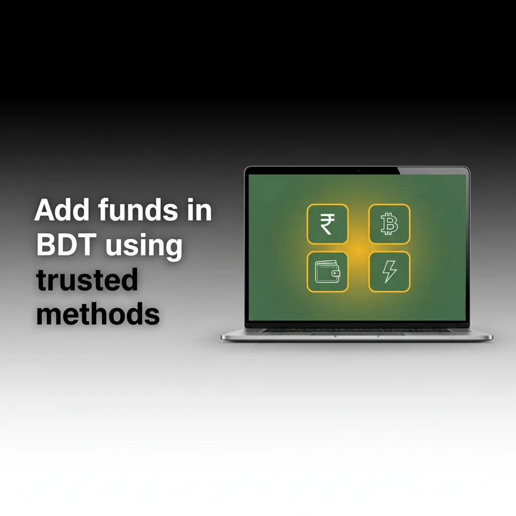 Interface showing steps to add funds in BDT: choose trusted local method, enter amount, confirm, pay, see updated balance.