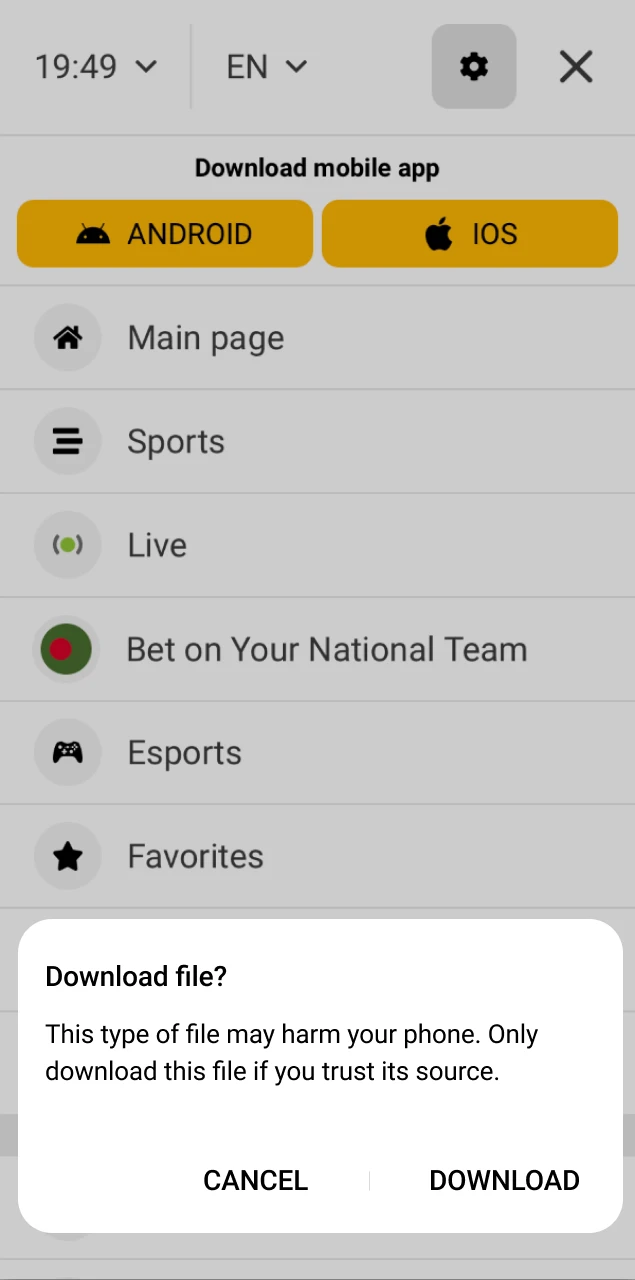 Approve the browser prompt to allow the Melbet APK download.
