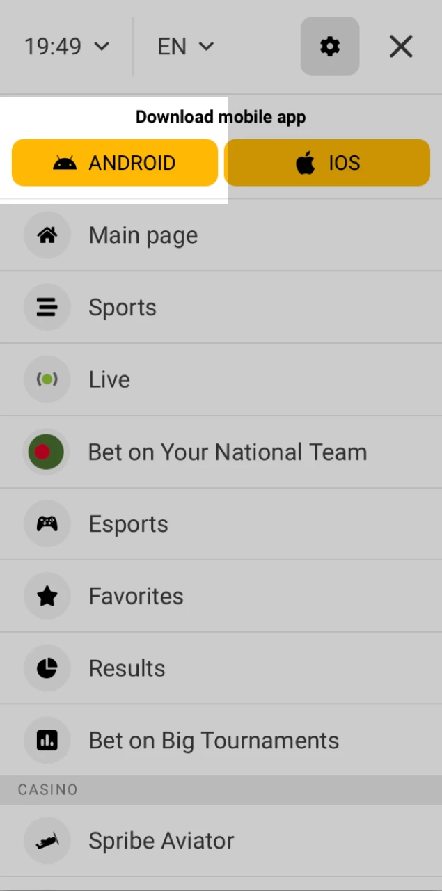Tap Download for Android on Melbet to start the APK download.