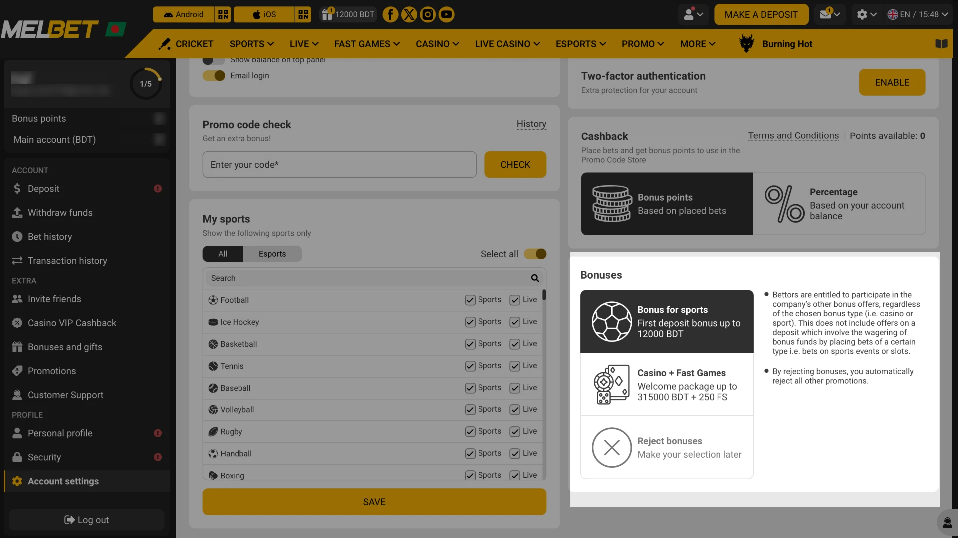 User activates bonus participation in Melbet account settings.