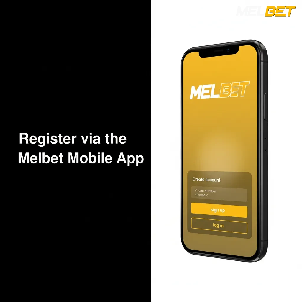 Melbet app sign-up screen offering phone, email, social, or one-click; complete KYC and OTP/email verification.