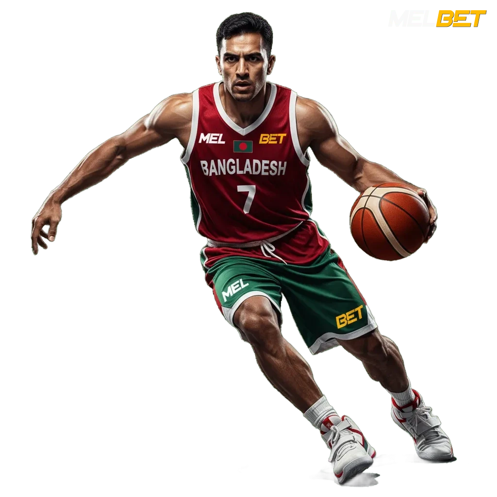 Melbet Bangladesh guide graphic with cricket, football, kabaddi icons, casino slots, live betting, responsible play message.