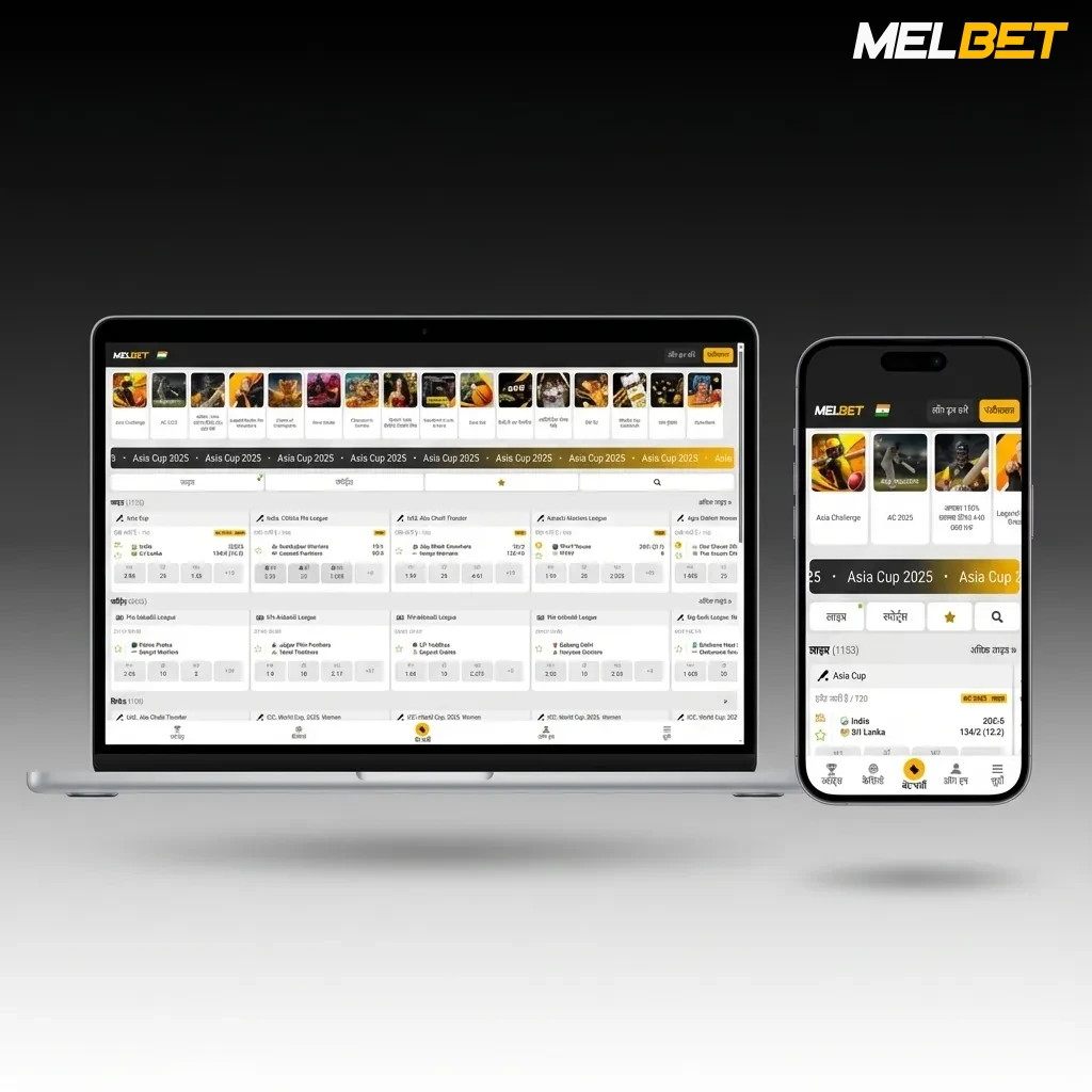 Melbet India homepage with top sports navigation, cricket filters, odds panel center, tournaments left, and betslip on right
