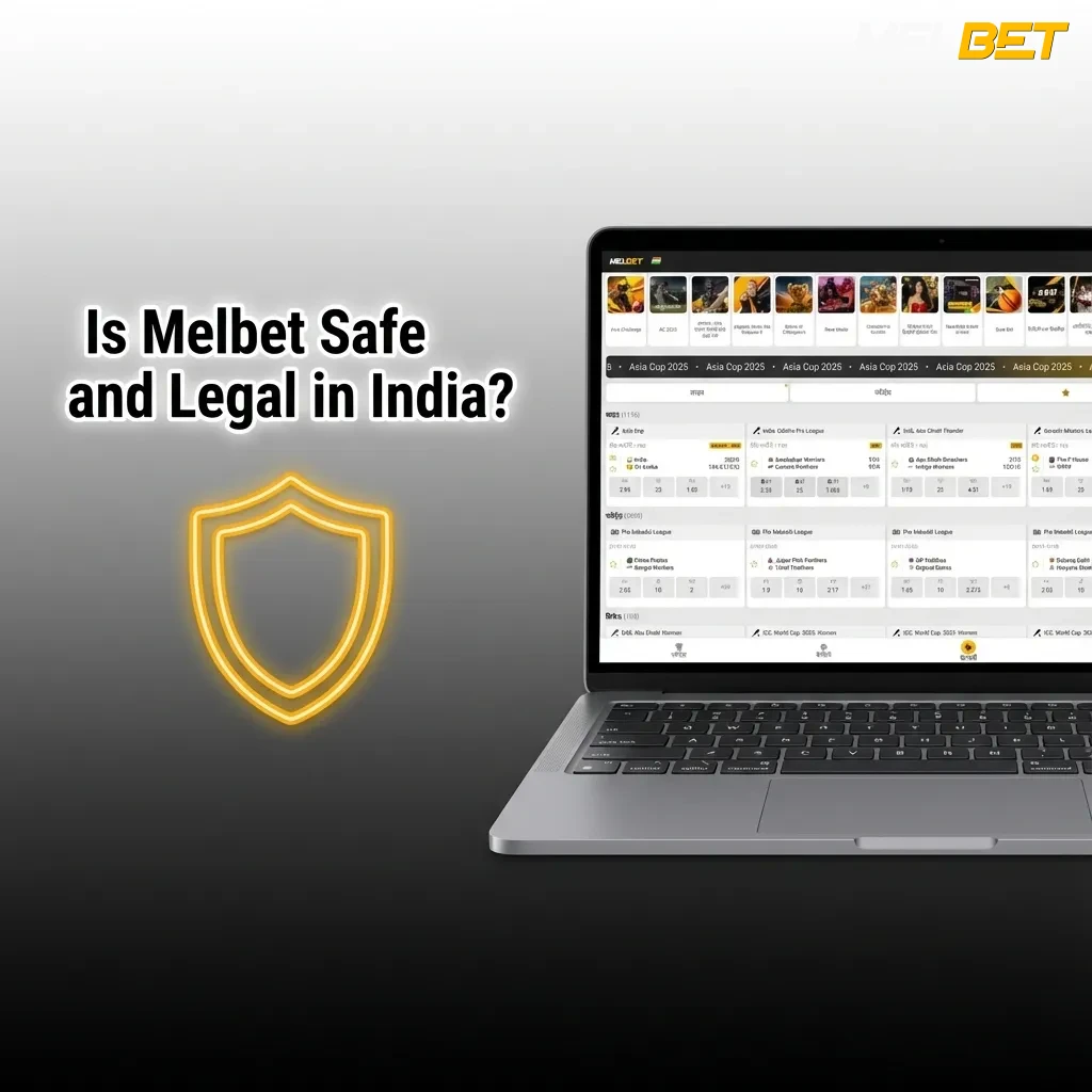 Graphic asking if Melbet is safe and legal in India, highlighting offshore licence, security and state-wise betting laws