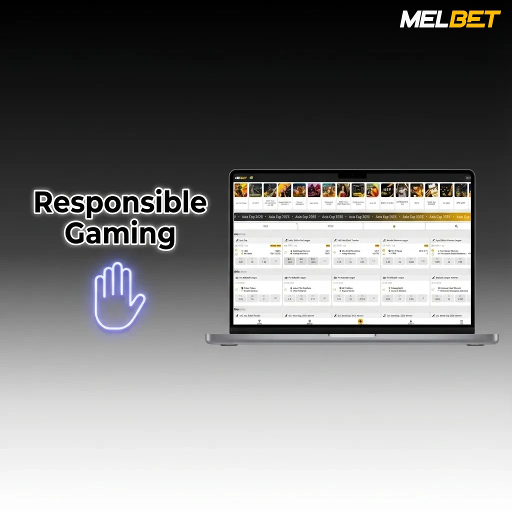 Illustration promoting responsible gaming on Melbet India with tips about limits, time-outs and balanced, safe betting habits
