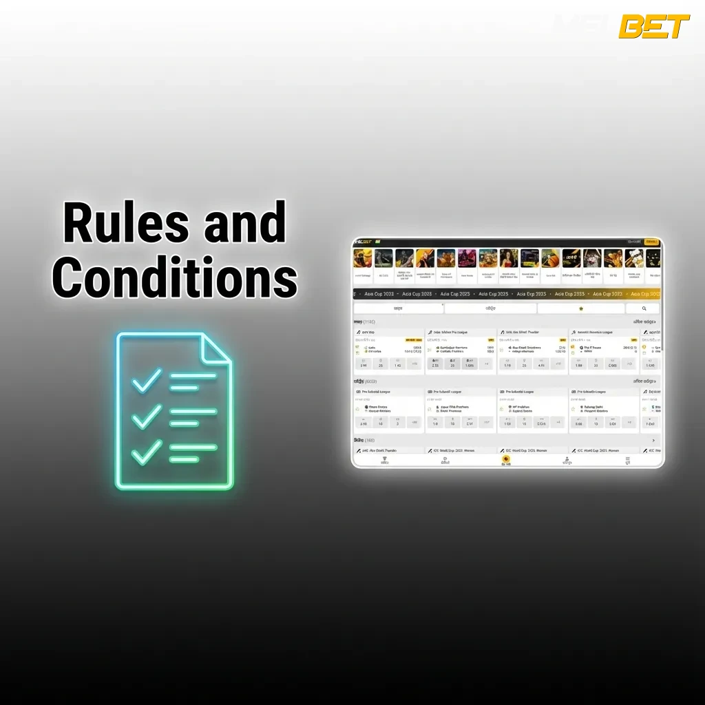 Illustration of Melbet rules and conditions highlighting age limit, one account policy, KYC checks, and bonus restrictions